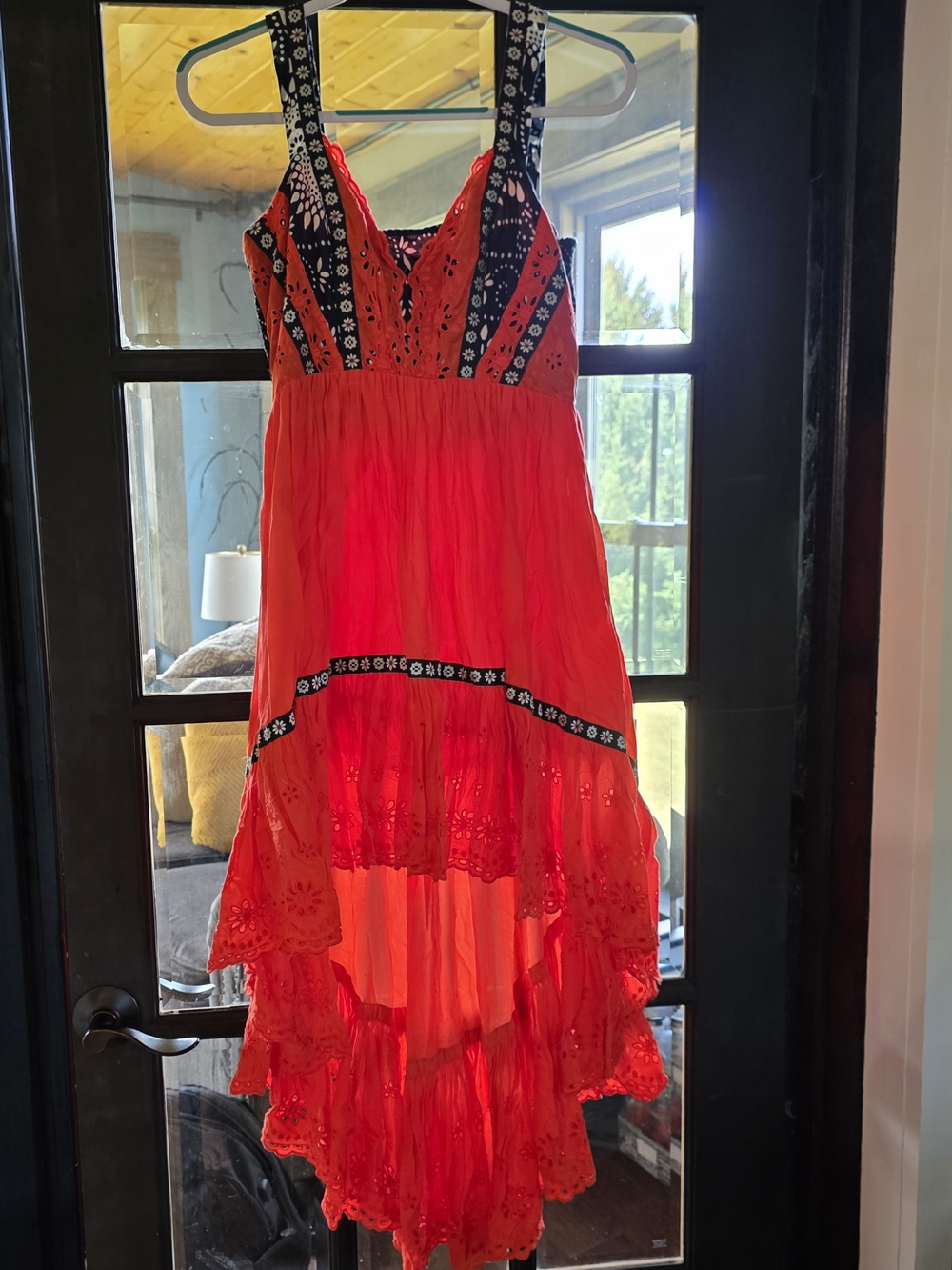 Free People Red High-Low Embroidered Sundress with Black Trim
